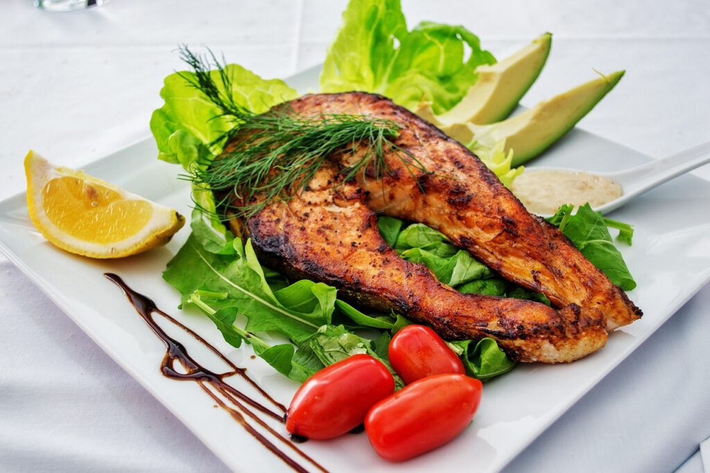 salmon, fish, grilled fish, grill, dish, gourmet, plate, white, avocado, lettuce, nature, tomato, lemon, olive oil, balsamic, meal, food, delicious, dinner, cuisine, lunch, tasty, meat, cooked, seafood, healthy, restaurant, roasted, diet, vegetable, prepared, steak, salad, fillet